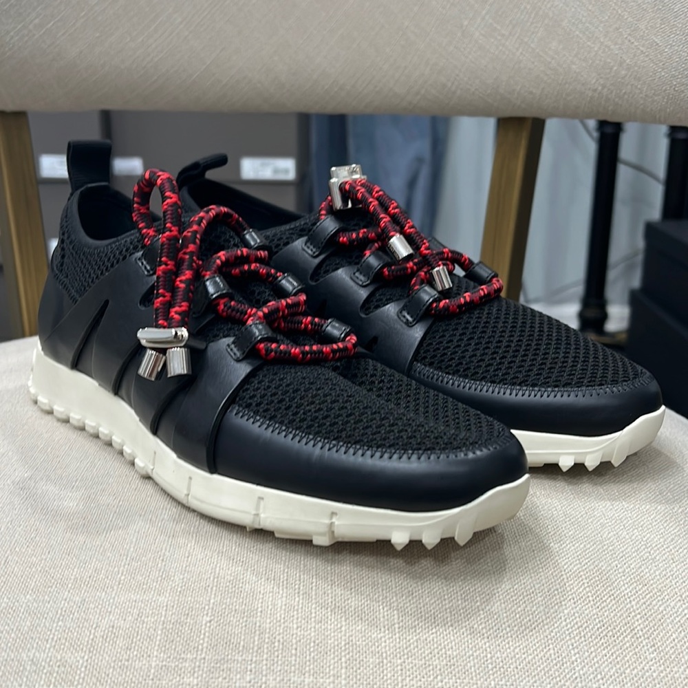 Jimmy Choo Black Knit & Leather Sneakers with Red Rope Laces